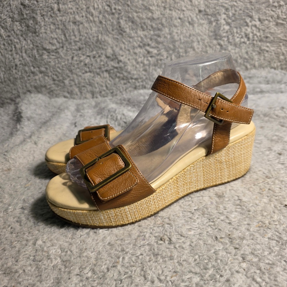 Cordani Wedge Sandals Brown Leather Raffia Platform Womens 38 7-7.5 Excellent‎